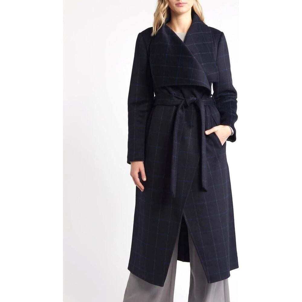 BCBG Maxazria Abrigo Trench Coat Black Plaid Size Large NWT Wool Tie Waist Wrap